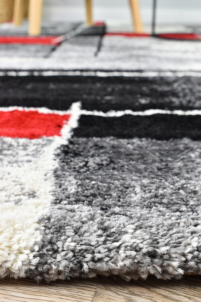 Pompon Verge Grey Red Rug