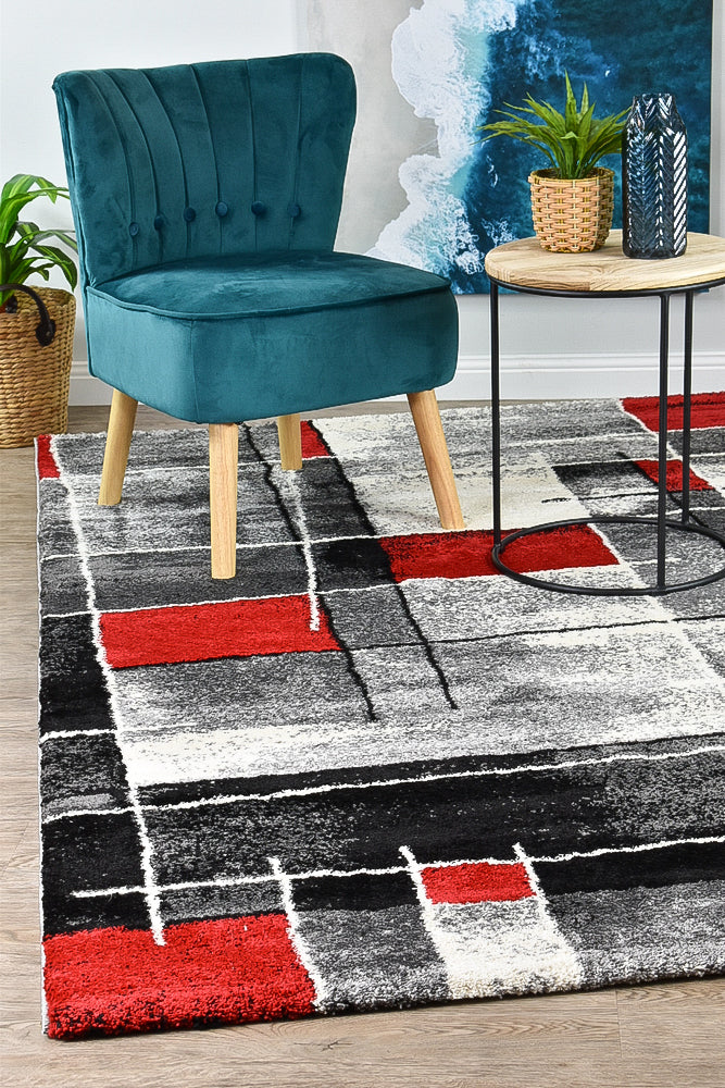 Pompon Verge Grey Red Rug