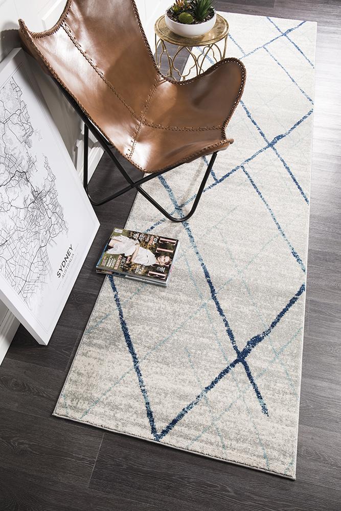 Gynama White Blue Contemporary Runner Rug