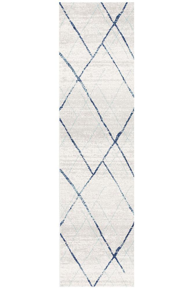 Gynama White Blue Contemporary Runner Rug