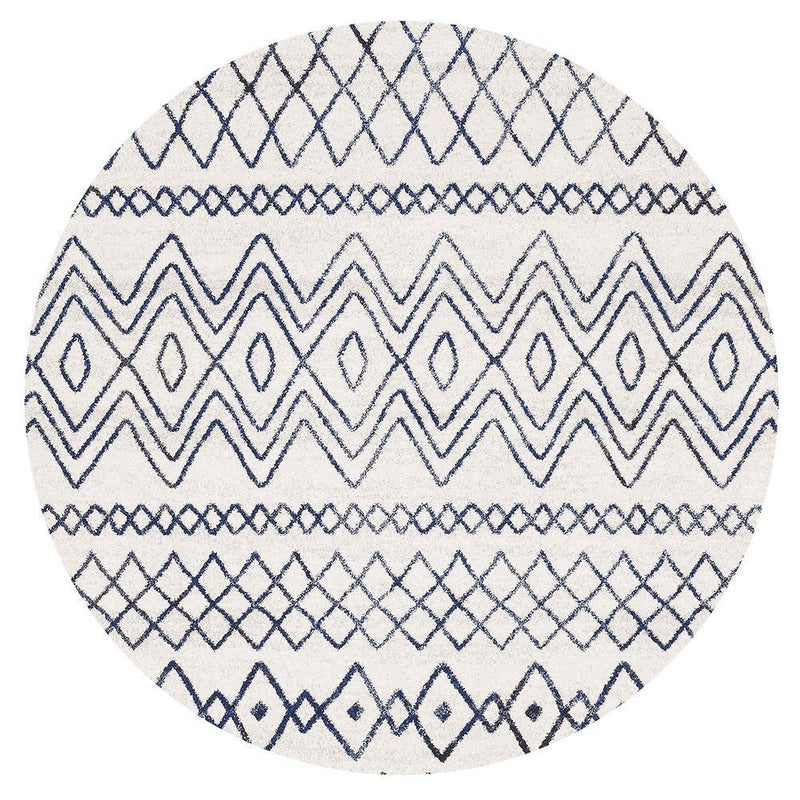 Gynama White Blue Rustic Tribal Round Rug