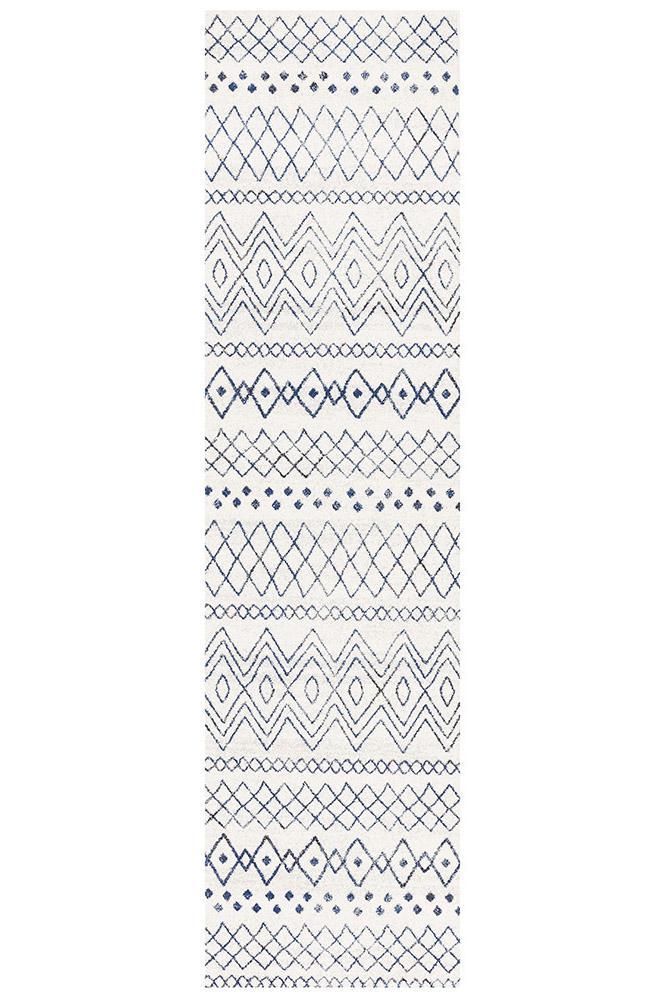 Gynama White Blue Rustic Tribal Runner Rug