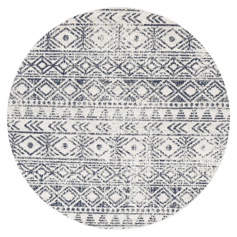Gynama White Blue Rustic Round Rug