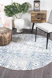 Gynama White Blue Rustic Round Rug