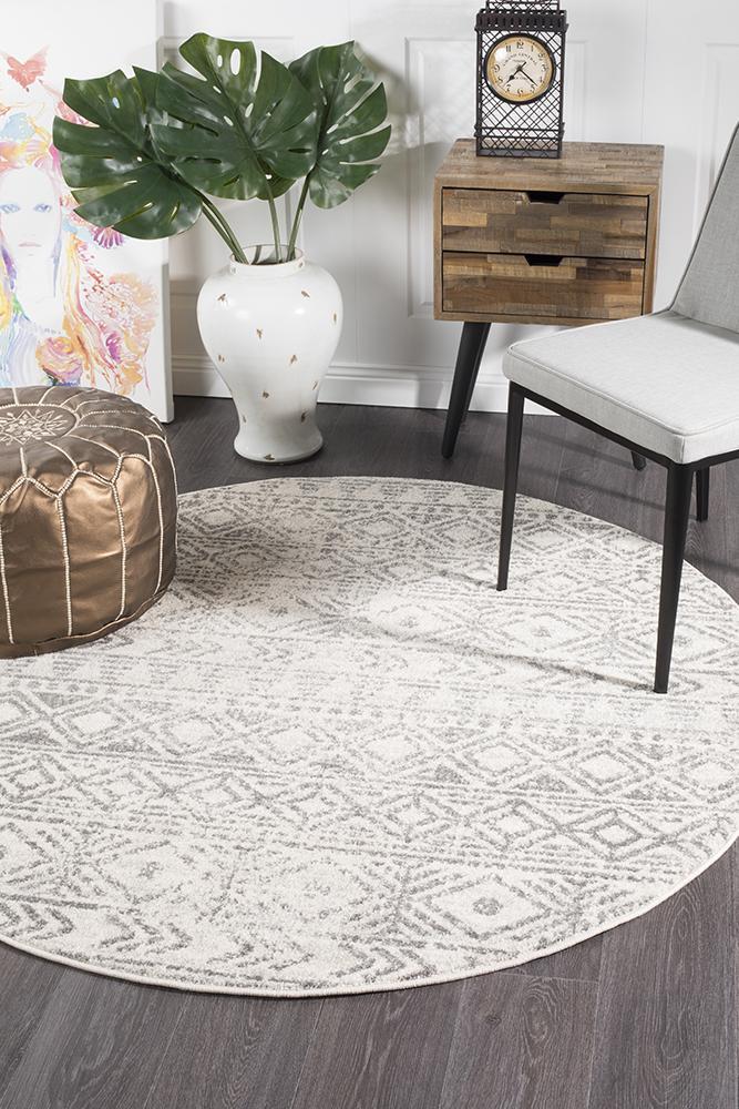 Gynama White Grey Rustic Round Rug